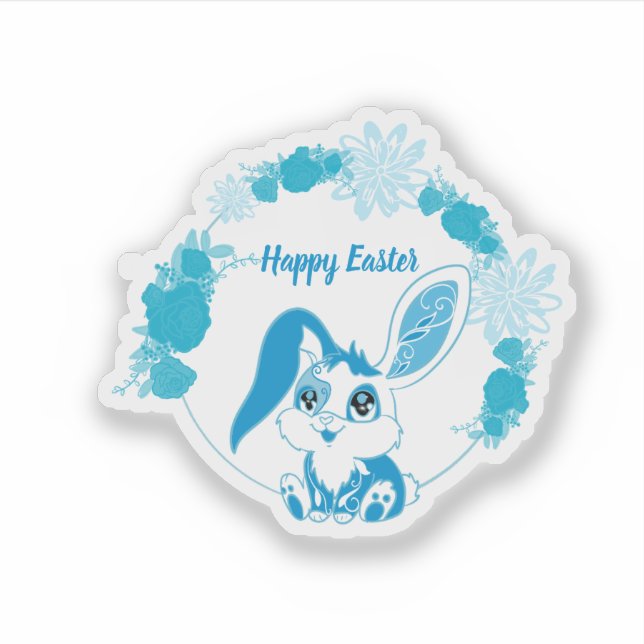 Sticker Lapin de Pâques heureux  Kawaii bleu mignon (Devant)