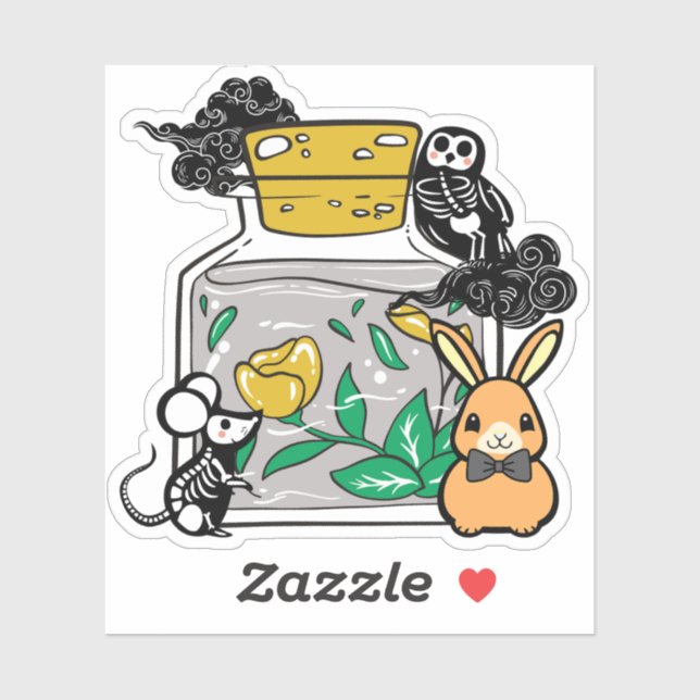 Sticker Lapin élégant et compagnons squelettes (Feuille)