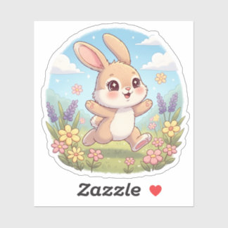 Sticker Lapin mignon sautant dans un champ de fleurs
