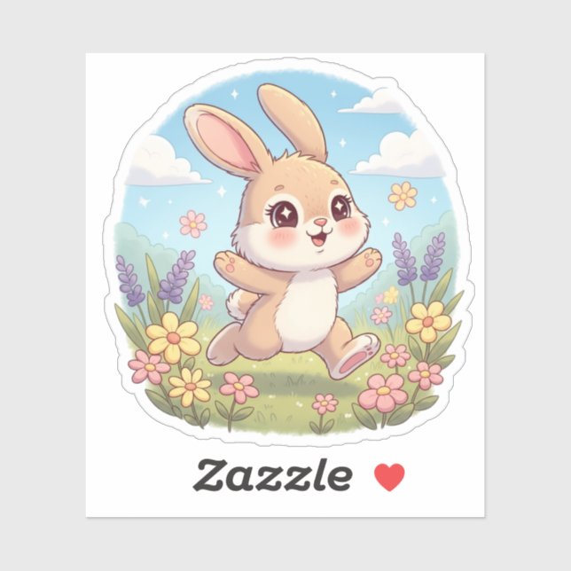Sticker Lapin mignon sautant dans un champ de fleurs (Feuille)