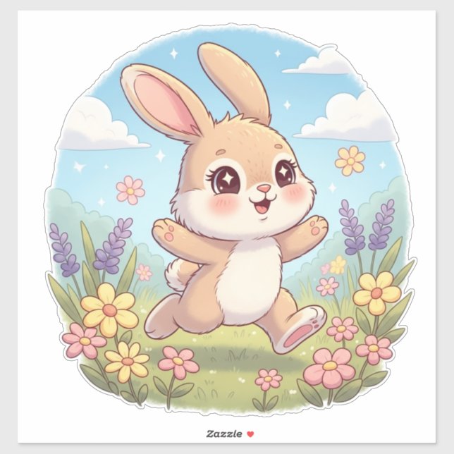 Sticker Lapin mignon sautant dans un champ de fleurs (Feuille)