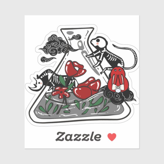 Sticker Lapin rouge et pot d'alchimie squelettique (Feuille)