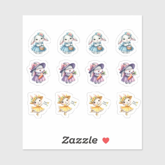 Sticker Lapins De Pâques En Jolies Robes (Feuille)