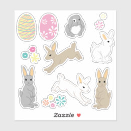 Sticker Lapins de Pâques mignons, œufs décorés et fleurs