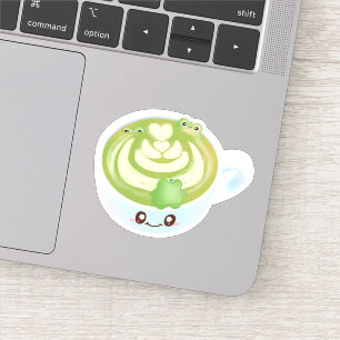 Sticker Latte De Thé Vert Matcha Chaud Avec Cute Frogs