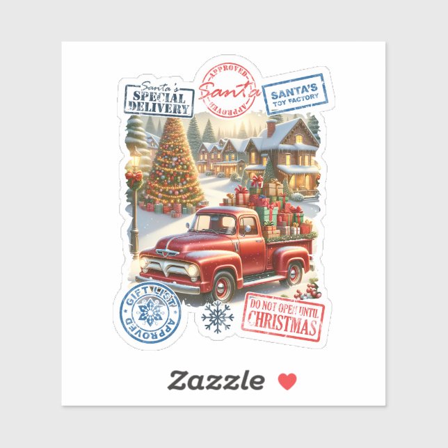Sticker Le camion et l'arbre du Père Noël : Scène festive (Feuille)
