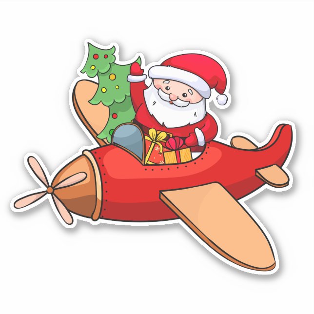 Sticker Le Père Noël vole dans un avion rouge avec des cad (Devant)