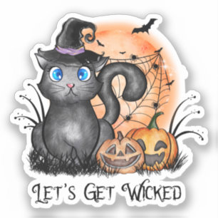 Sticker Let's Get Wicked   Black Witch Cat