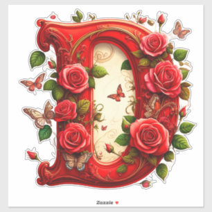 Sticker Lettre D rouge élégante par Roses et Papillon
