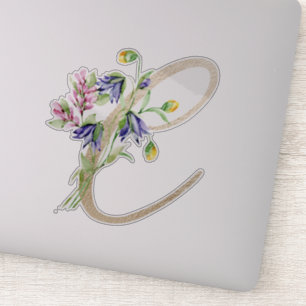 Sticker LETTRE D'OR Faux "C" Aquarelle Fleurs Sauvages