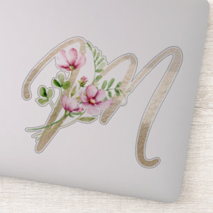 Sticker LETTRE D'OR Faux "M" Aquarelle Fleurs Sauvages