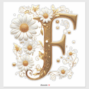 Sticker Lettre F dorée élégante avec embellissements flora