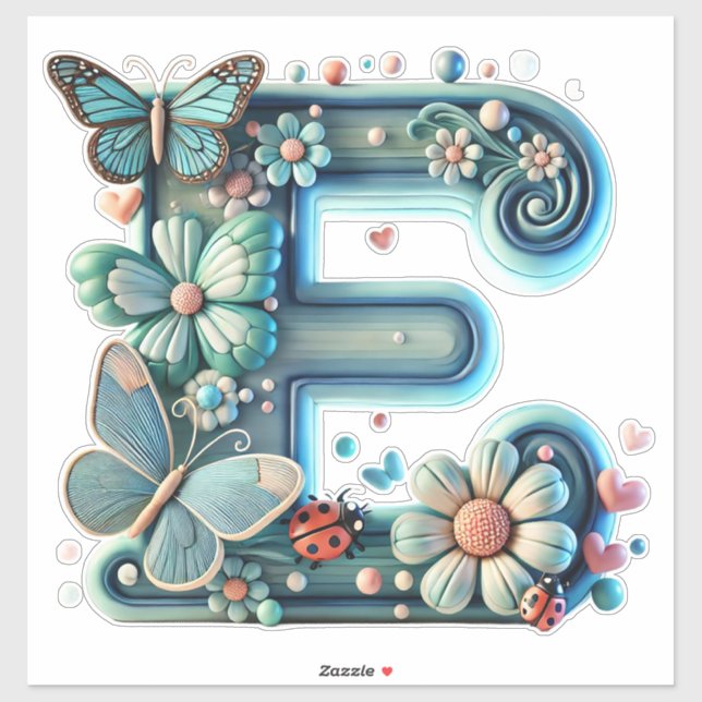 Sticker Lettre Florale Élégante E avec Papillons (Feuille)