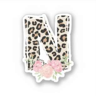 Sticker Lettre florale N Nom initial Leopard Cheetah Impri