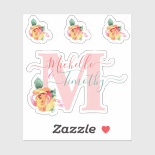 Sticker LETTRE Florale Rose mariage Aquarelle M initiale
