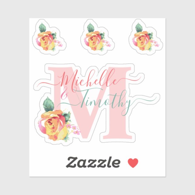 Sticker LETTRE Florale Rose mariage Aquarelle M initiale (Feuille)