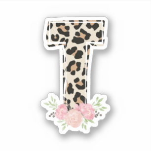 Sticker Lettre florale T Nom initial Leopard Cheetah Impri