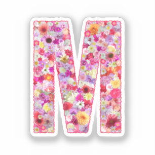 Sticker Lettre M en monogramme botanique Fleurs roses pour
