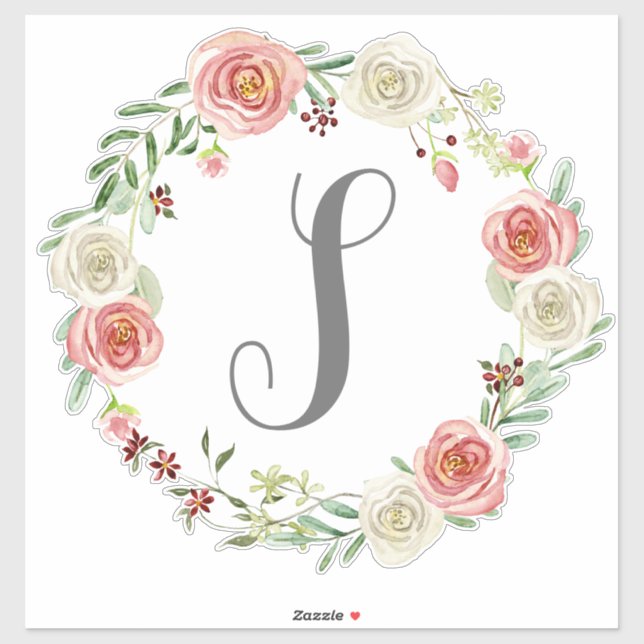 Sticker Lettre monogramme S Aquarelle Rose Floral Wreath (Feuille)