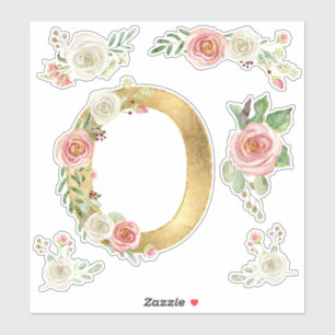 Sticker LETTRE MONOGRAPHIQUE O Pink Rose Floral Feuille Aq