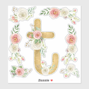 Sticker LETTRE MONOGRAPHIQUE T Rose Rose Floral Feuille Aq