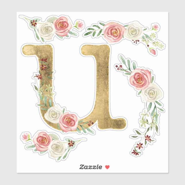 Sticker LETTRE MONOGRAPHIQUE U Rose Rose Floral Feuille Aq (Feuille)
