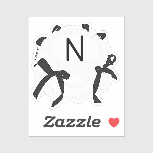 Sticker Lettre N initiale noir et blanc noeud papillon gât (Feuille)