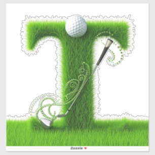 Sticker Lettre T en herbe verte avec balle de golf, club