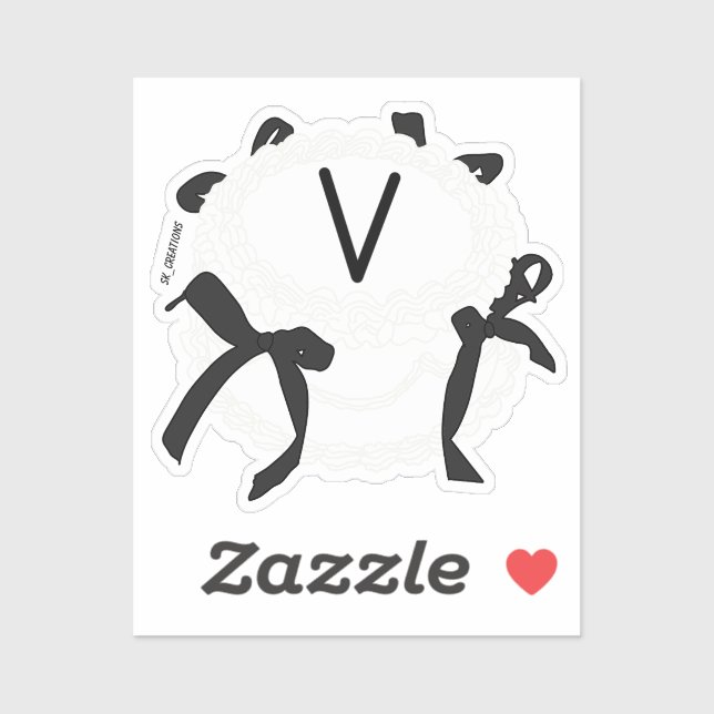 Sticker Lettre V initiale noir et blanc noeud papillon vin (Feuille)