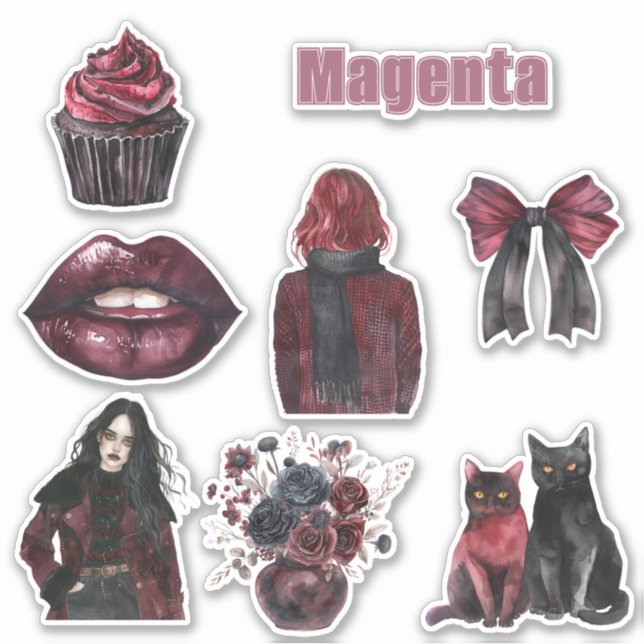 Sticker Lèvres Magenta Chats Fleurs Nœud (Devant)