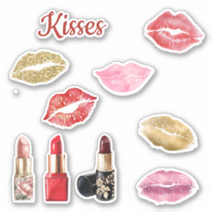 Sticker Lèvres Pailletées Or Baisers Rouges 