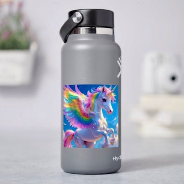 Sticker Licorne arc-en-ciel ailée dansante (Sticker sheet, 6 different sizes. Matte, glossy or glossy transparent finish. )