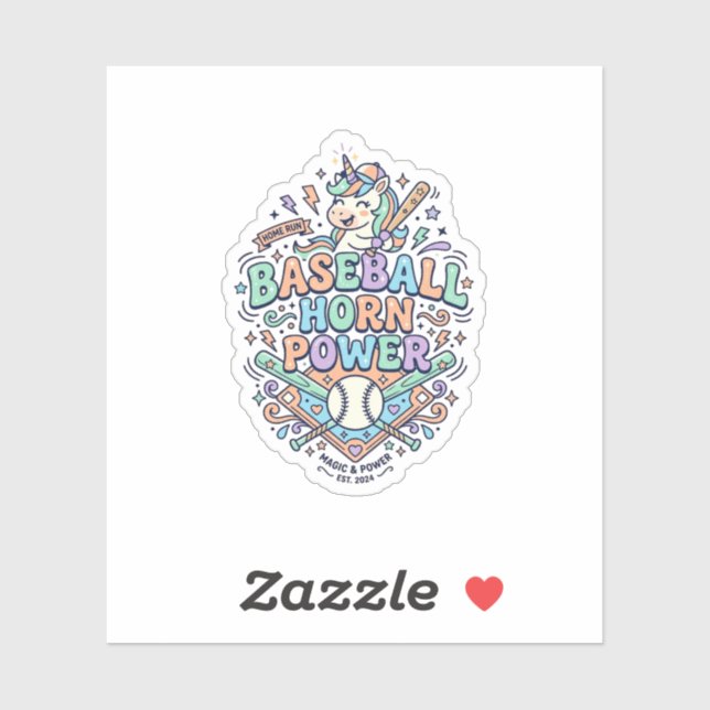 Sticker Licorne Corne de Baseball Puissance Kawaii Design  (Feuille)