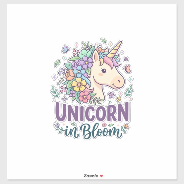 Sticker Licorne en fleurs, typographie gras, impression à  (Feuille)