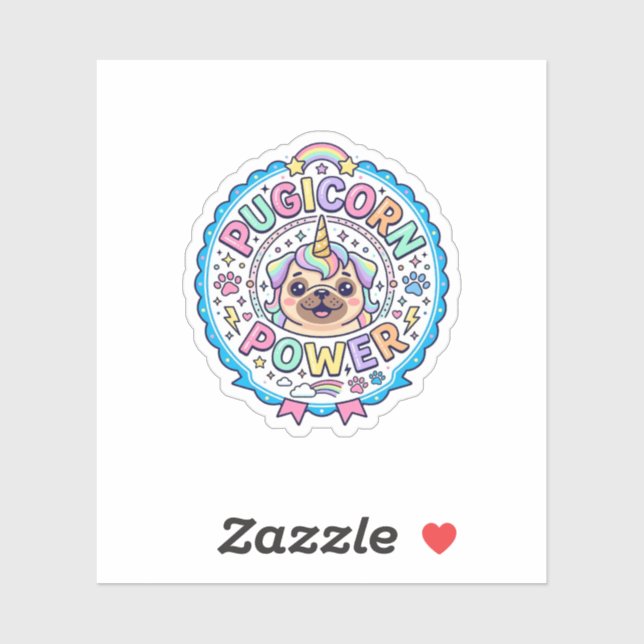 Sticker Licorne Pugicorn Puissance Drôle Cadeau Mignon Con (Feuille)