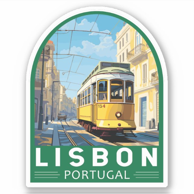 Sticker Lisbonne Portugal Jaune Tramway Voyage Art Vintage (Devant)