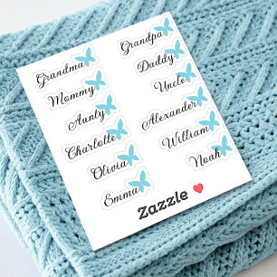 Sticker Liste d'invités 12 noms Calligraphie Bleu papillon