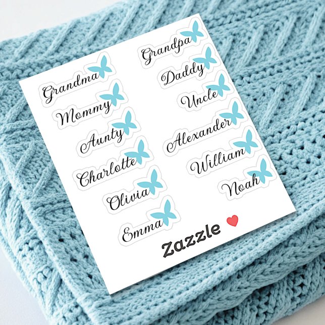 Sticker Liste d'invités 12 noms Calligraphie Bleu papillon (Créateur téléchargé)