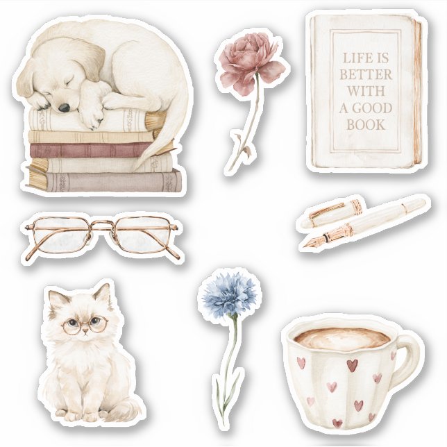 Sticker Livres Chien Chat Fleurs (Devant)