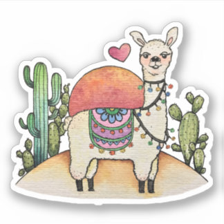 Sticker Llama Aquarelle Avec Cactus
