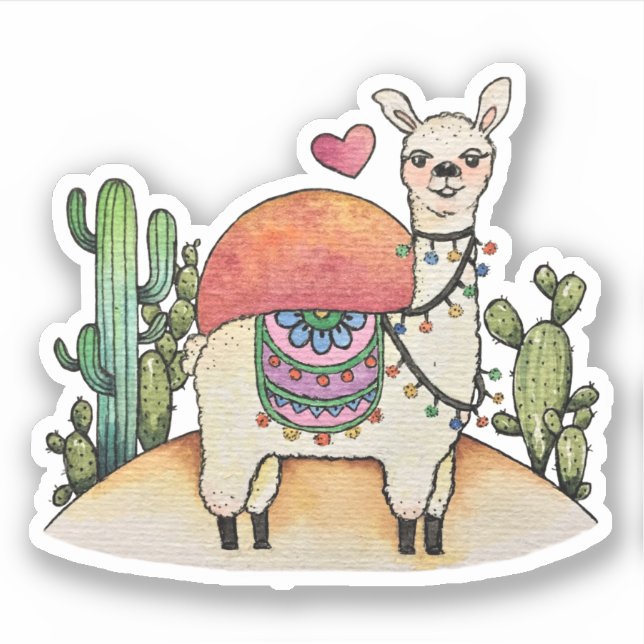 Sticker Llama Aquarelle Avec Cactus (Devant)