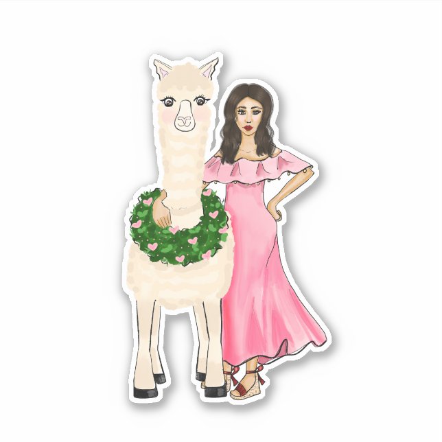Sticker Llama avec couronne cardiaque et dessin femelle (Devant)