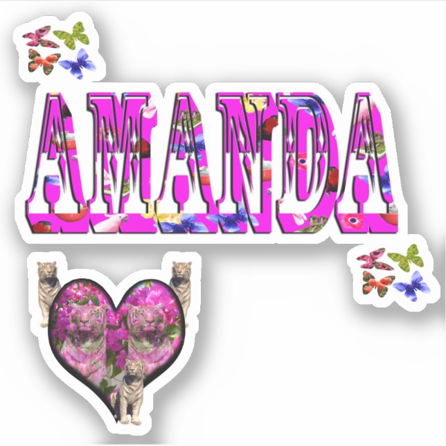 Sticker Logo du nom Amanda avec des tigres blancs, (Devant)
