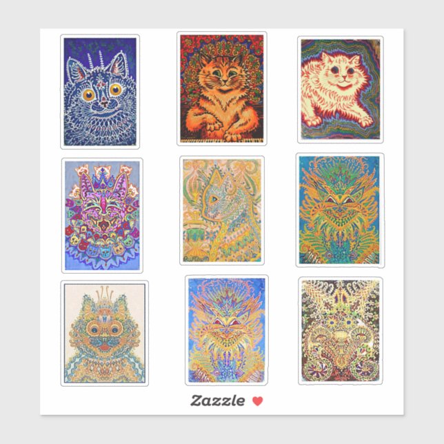 Sticker Louis Wain, 9 Peintures Psychédéliques Sur Chat, (Feuille)