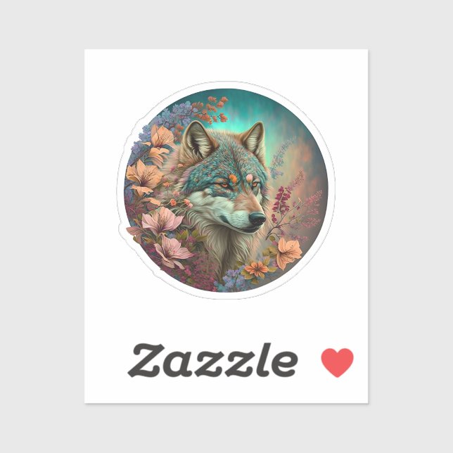 Sticker Loup Coloré Avec Fleurs (Feuille)