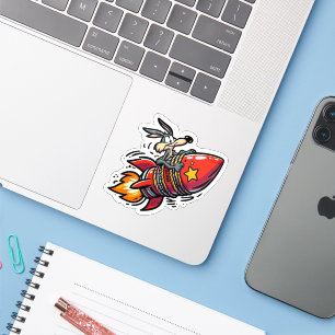 Sticker Loup de dessin animé drôle sur une fusée autocolla