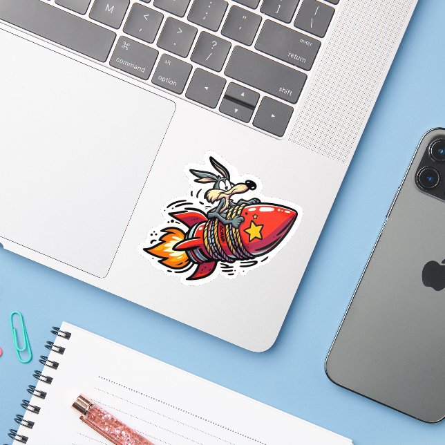 Sticker Loup de dessin animé drôle sur une fusée autocolla (Ordinateur portable avec iPhone)
