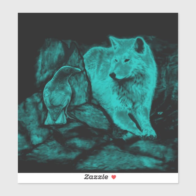 Sticker Loup et corbeau dans la nuit (Feuille)