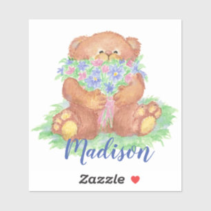 Sticker L'ours de nounours mignon d'aquarelle fleurit le