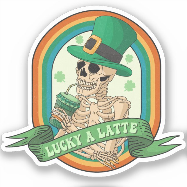 Sticker Lucky A Latte - Squelette, Café et Cloches (Recto)